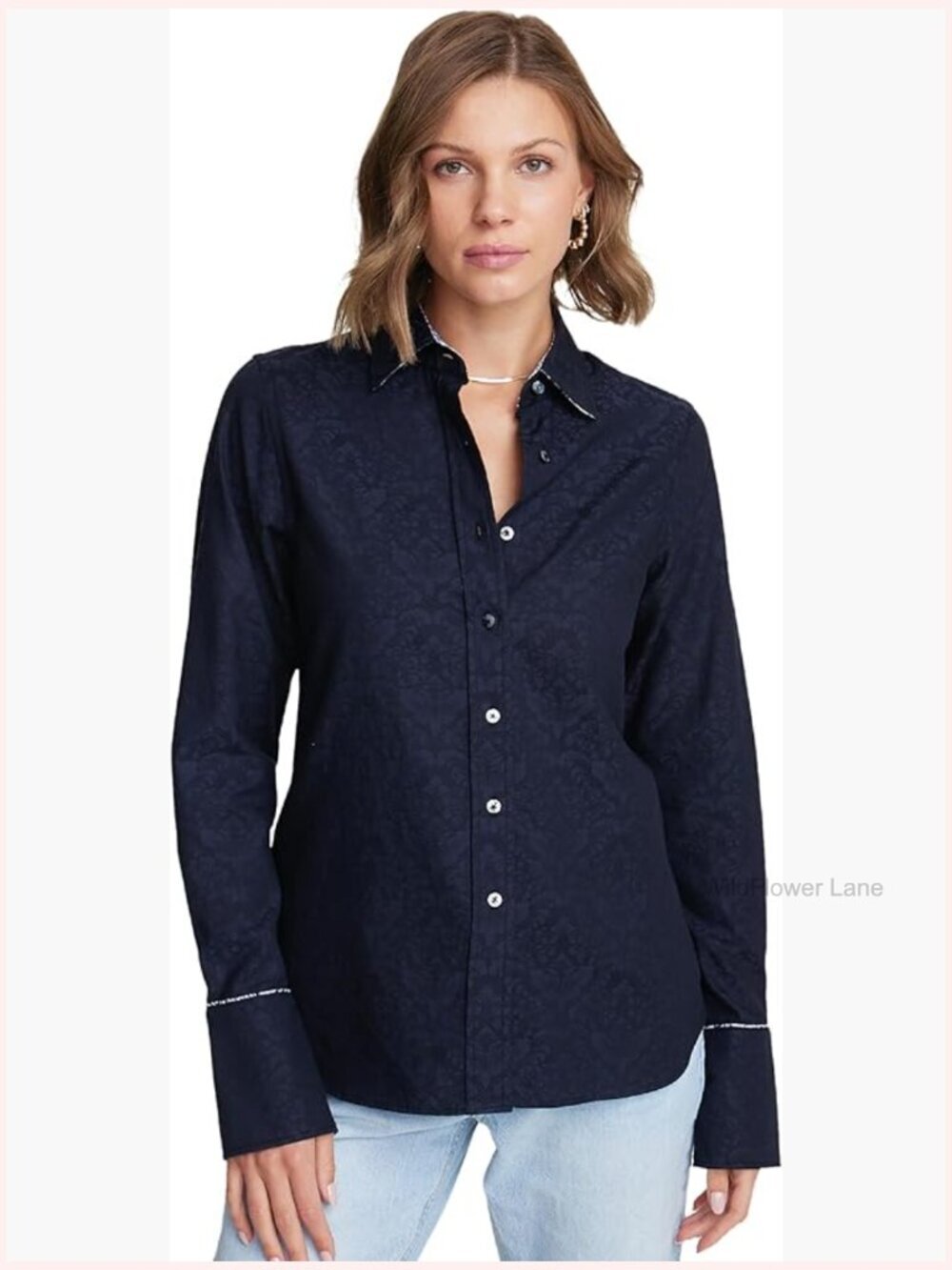 Long Sleeve Woven Button Down Shirt Crew Neck Cotton Women's Top